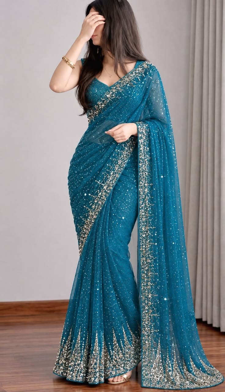 Georgette Saree - Teal Embroidered